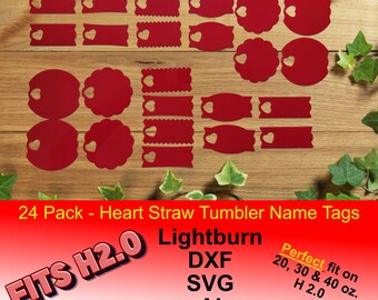 Heart Straw Tumbler Name Tag SVG Cut File: 24-Pack Laser File (Digital Download)