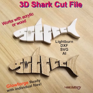 3D flexibele haai – lasergesneden en gegraveerd bestand – werkt met acryl of hout!  Lasergraveer- en -snijbestand, direct downloaden