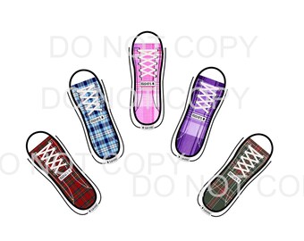May include: Five pairs of sneakers with different plaid patterns. The sneakers are all white with black laces and a black star logo. The plaid patterns are pink and white, blue and white, red and black, green and black, and purple and white.