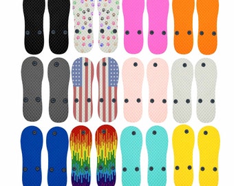 May include: A set of 12 pairs of flip-flops with various designs, including paw prints, American flags, rainbow stripes, and solid colors like black, pink, and orange.