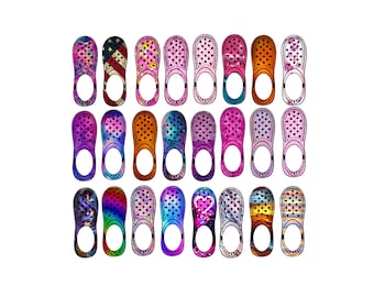 May include: A set of 24 colorful clog shoe charms with various patterns, including tie-dye, floral, and abstract designs.