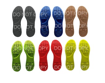 May include: A set of 10 shoe soles in various colors, including black, blue, green, red, yellow, and brown. The soles are all the same design, with a pattern of small squares and a larger diamond shape in the center.