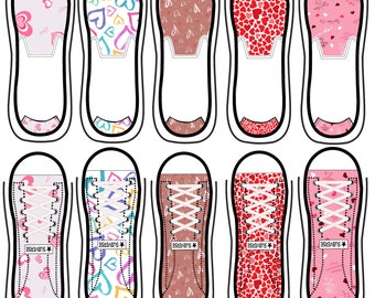 May include: Ten pairs of white canvas shoes with different heart-themed designs. The designs include pink, red, brown, and blue hearts on a white background. The shoes have white laces and a black outline.