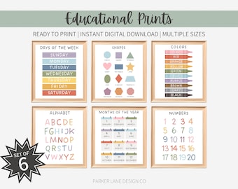 Peut inclure: Ensemble de six affiches éducatives imprimables pour enfants. Les affiches présentent des illustrations colorées de l'alphabet, des jours de la semaine, des mois de l'année, des formes, des couleurs et des nombres.