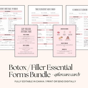May include: A set of printable forms for botox and filler treatments, including client intake, treatment record, and consultation forms. The forms are in black and pink, with the text "Botox / Filler Essential Forms Bundle + aftercare cards".