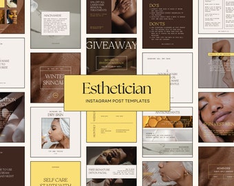 Peut inclure: Une collection de modèles de publications Instagram pour une esthéticienne. Les modèles présentent des images de produits de soin de la peau, de mannequins et du texte sur des conseils et des traitements de soin de la peau. Le texte comprend des phrases comme "Skinvestment", "Self Care Starts With", "Antioxidants", et "Double Wash Oil Make Gentle".