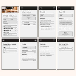 May include: A digital interface for Sunshine Villa, featuring arrival and access details, check-in and check-out instructions, house rules, parking information, and reminders. The interface is displayed on a black background with white text.