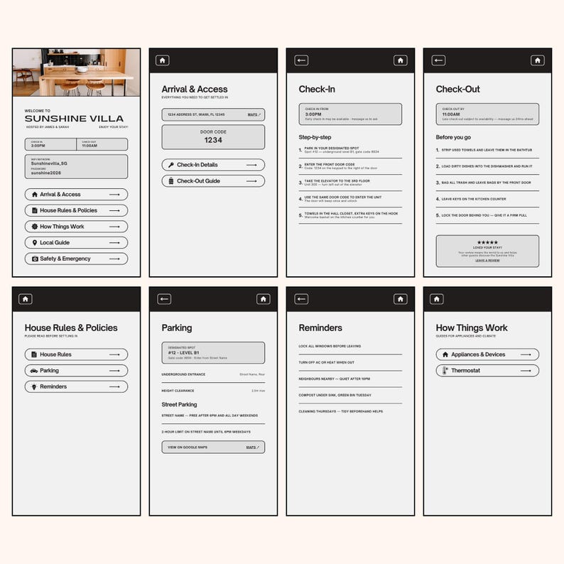 May include: A digital interface for Sunshine Villa, featuring arrival and access details, check-in and check-out instructions, house rules, parking information, and reminders. The interface is displayed on a black background with white text.