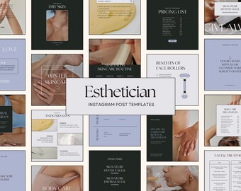 Peut inclure: Un ensemble de modèles de publication Instagram pour une esthéticienne. Les modèles présentent des images de produits de soins de la peau, de soins du visage et d'autres traitements de beauté. Le texte sur les modèles comprend des phrases comme "Soins de la peau en hiver", "Antioxydants", "Avantages des rouleaux pour le visage" et "Soins de la peau".