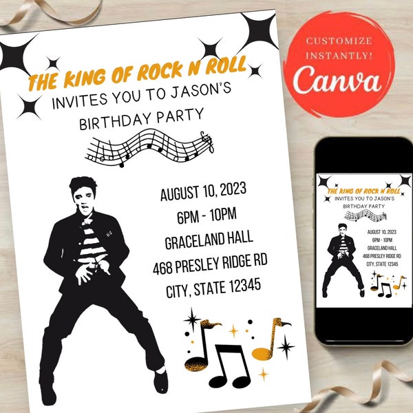 Elvis Presley digital invitations, birthday party, king of rock, Elvis party, canva digital, custom invitations, Elvis party, rock birthday