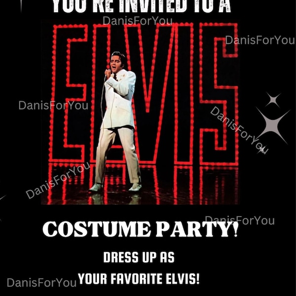 Elvis Presley party, birthday party, costume Elvis party, digital invitations, costume party, Halloween party, king of Rock, digital invite
