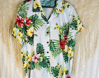 Vintage Hawaiian Floral Shirt: Men's 2XL Short Sleeve Button-Up