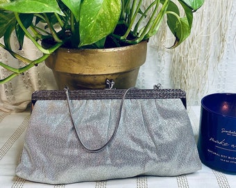 Shimmery Vintage Silver Midcentury Clutch with Metal Handle, Retro Evening Bag