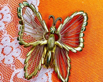 Vintage Boho Gold Butterfly Pin, Insect Brooch, Retro Lapel Pin