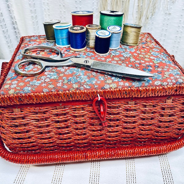 Vintage Red Wicker Sewing Basket with Floral Pattern & Vintage Accessories, JC Penny Sewing Caddy