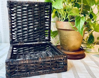 May include: A dark brown woven wicker box with a hinged lid, open to reveal the interior. The box is rectangular and sits on a white surface. A potted plant with green leaves is in the background.
