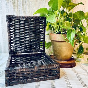 May include: A dark brown woven wicker box with a hinged lid, open to reveal the interior. The box is rectangular and sits on a white surface. A potted plant with green leaves is in the background.