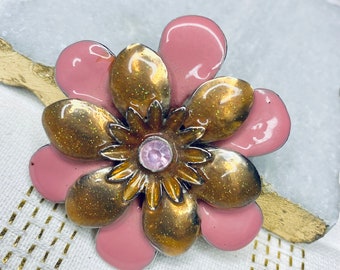 Vintage 1960s Metallic Orange Flower Brooch, Layered Floral