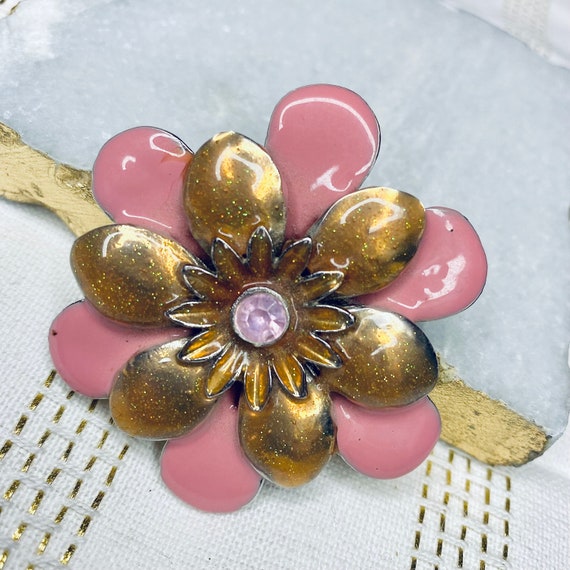 Vintage Mid Century Pink & Gold Floral Brooch, Re… - image 1