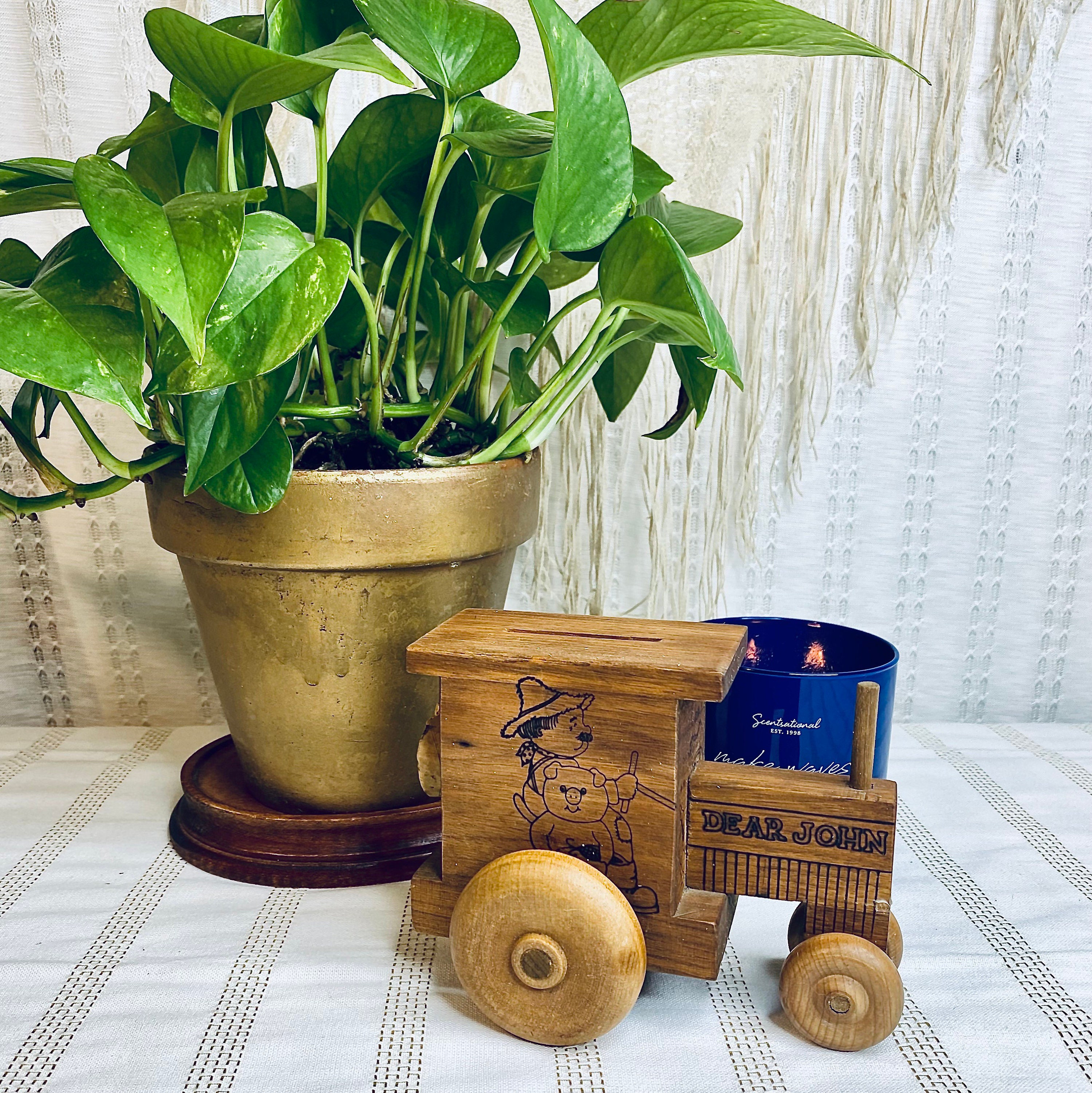 Vintage 1977 Dear John Wooden Tractor Coin Bank, Children’s Wood