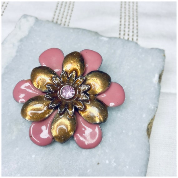 Vintage Mid Century Pink & Gold Floral Brooch, Re… - image 4