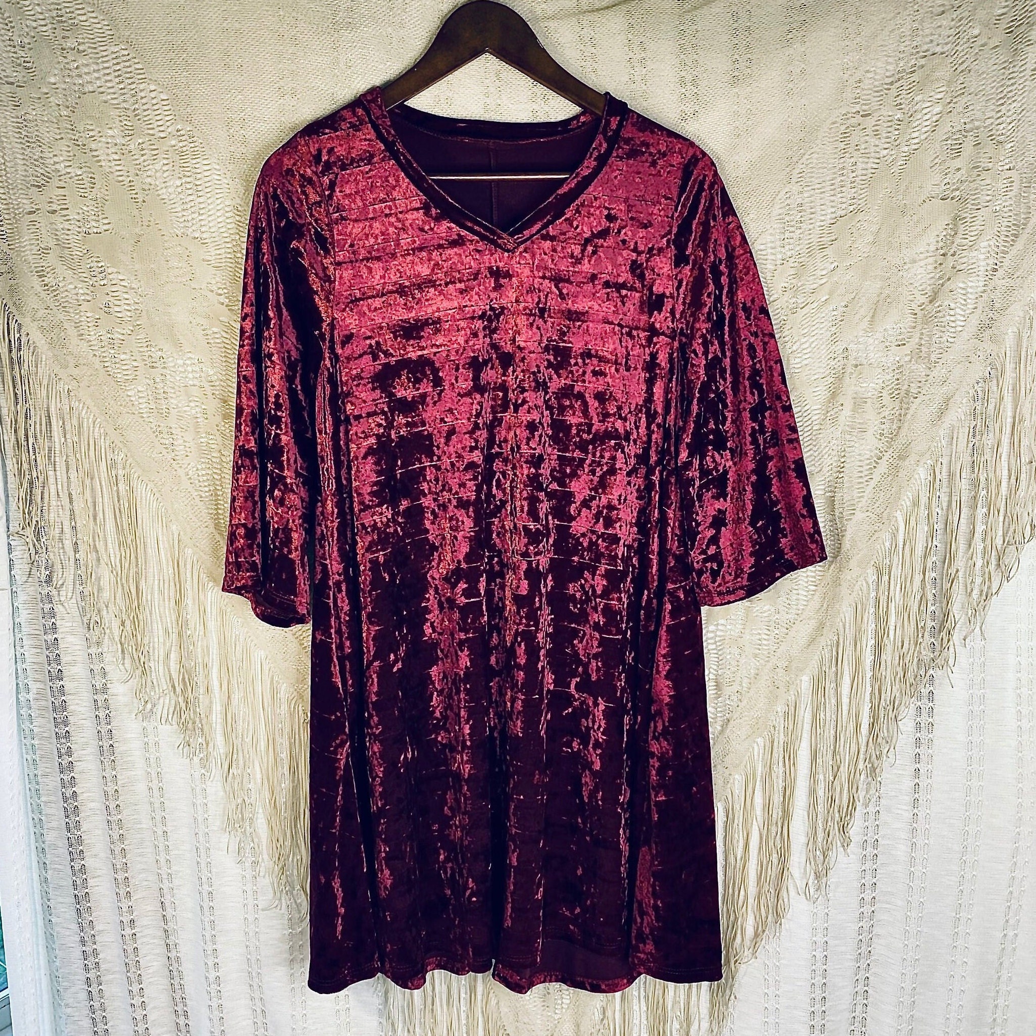 Vintage 90s Crushed Burgundy Red Velvet Oversized Shirt, Tunic, Minidress with Pockets