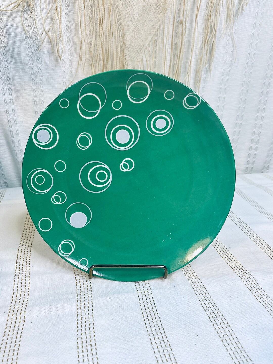 Vintage Green Avon Essentials Plates With Abstract Circles, Retro