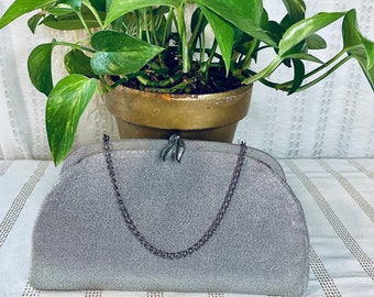 Vintage 1950s Silver Metallic Evening Clutch with Chain