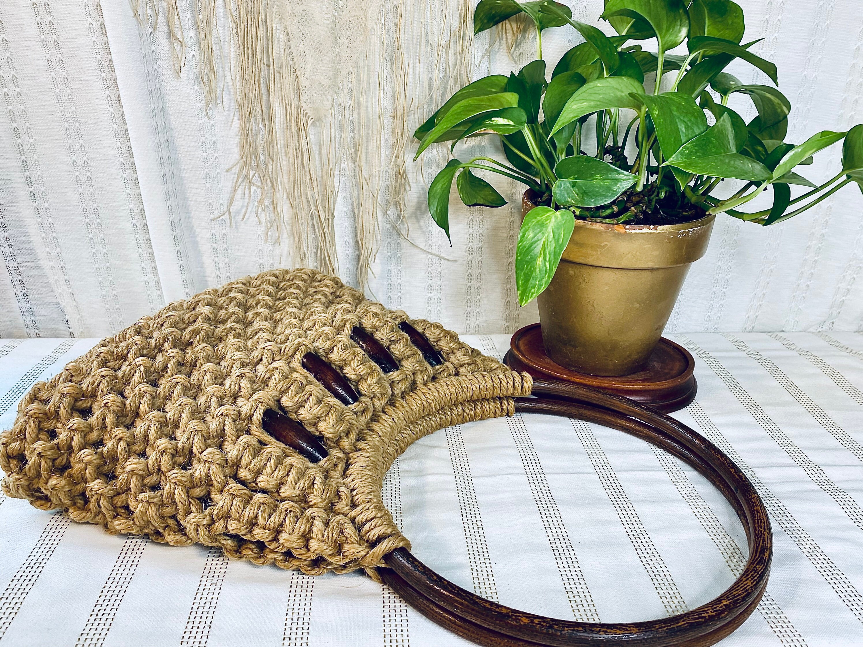 Vintage Medium Sized Boho Handbag Made of Woven Burlap With