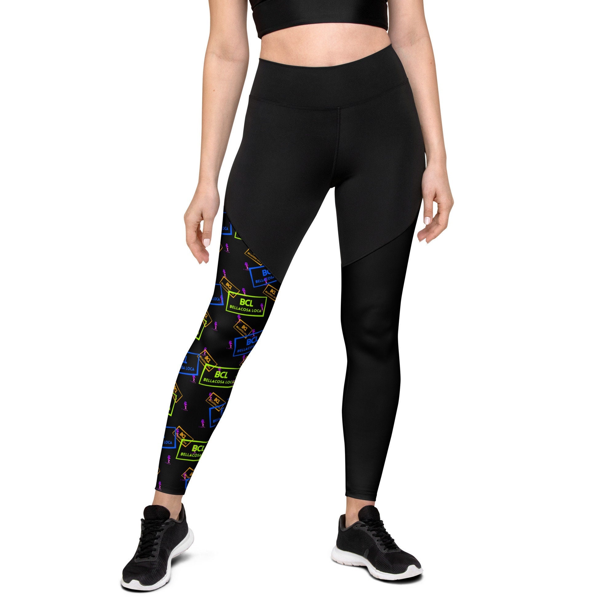 Black Neon Print Leggings Stylish 
