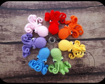 Amigurumi Judgmental octopuses with 3 hats, ax, broom and sunglasses - key chain - pattern pdf ENG PL