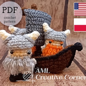 amigurumi cute Mini Vikings with a ship finger puppets pattern PDF ENG PL