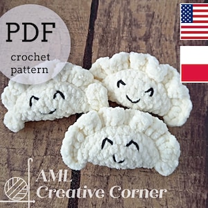 May include: PDF crochet pattern for making three white crocheted dumplings with smiling faces. The pattern includes the text "PDF crochet pattern" and "AML Creative Corner".