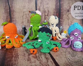 Pattern PDF Amigurumi Judgmental octopuses Halloween part I - voodoo, frankeinstein monster, pumpkin, zombie, fortune teller, spooky