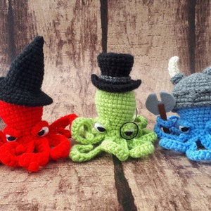 Amigurumi Judgmental octopuses with 3 hats, ax, broom and sunglasses key chain pattern pdf ENG PL image 2