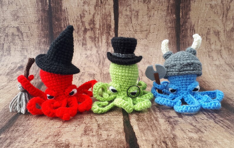 Amigurumi Judgmental octopuses with 3 hats, ax, broom and sunglasses key chain pattern pdf ENG PL image 2