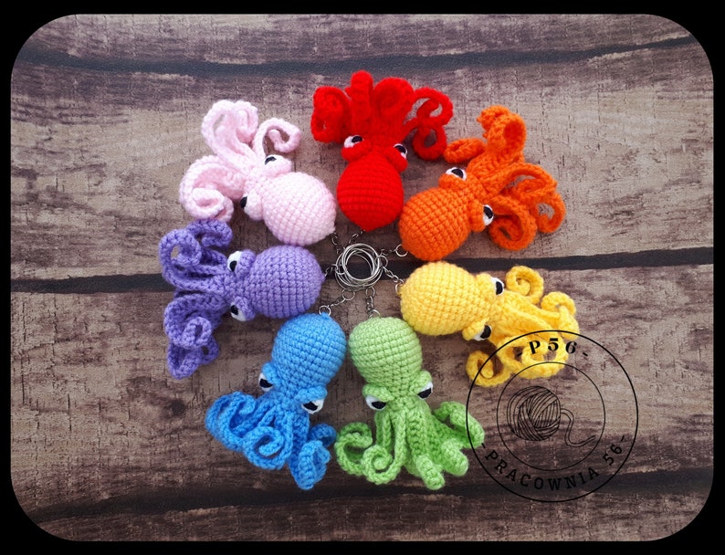 Amigurumi Judgmental octopuses with 3 hats, ax, broom and sunglasses key chain pattern pdf ENG PL image 1