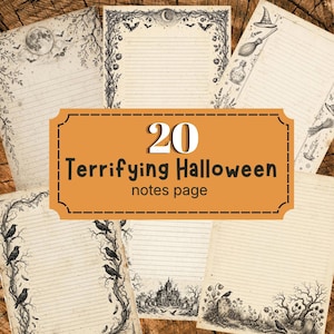 May include: A collection of twenty lined stationery sheets featuring black and white illustrations of Halloween themes including bats, moons, witches' brooms, potions, haunted houses, and crows. The text 20 Terrifying Halloween notes page is centered.