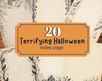 Peut inclure: Une collection de vingt feuilles de papier à lettres lignées avec des illustrations en noir et blanc sur le thème d'Halloween, incluant des chauves-souris, lunes, balais, potions, maisons hantées et corbeaux. Le texte 20 Terrifying Halloween notes page est centré.