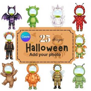 Peut inclure: Une collection de 25 modèles de costumes d'Halloween numériques représentant divers personnages dont une chauve-souris, un monstre, une licorne, une coccinelle, une figure florale, un dragon, un loup-garou, une citrouille, une abeille et un astronaute.