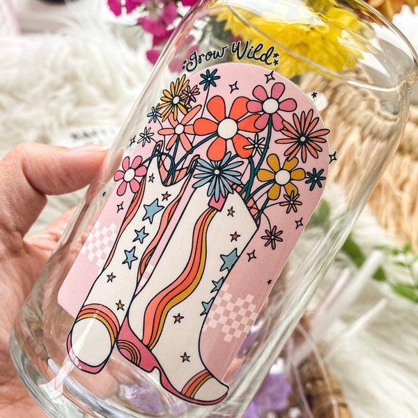 Cute Cowgirl Glass Can, Cowgirl Boots Glass Tumbler, Let’s Go Girls Inspired Glass Can, Floral Cowgirl Glass Can, UVDTF Cowgirl Glass Cans