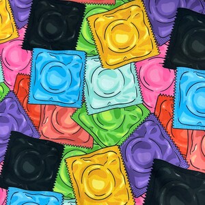 Mature content: Multicolor condom wrapper print on nylon spandex four way stretch fabric sold by the yard