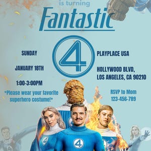 Può includere: Un invito azzurro con la scritta "TRACE is turning Fantastic". L'invito include la data, l'ora e il luogo dell'evento. L'invito presenta anche immagini dei personaggi dei Fantastici Quattro.