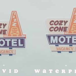 May include: Two vintage-style motel signs with the text "Cozy Cone Motel" in a retro font. The signs are orange, brown, and purple with a white "Vacancy" sign at the bottom. The signs are on a white background.