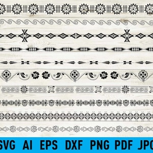 Könnte beinhalten: Ein Satz von 12 schwarzen und weißen dekorativen Bordüren. Die Bordüren bestehen aus verschiedenen geometrischen Formen, darunter Sterne, Diamanten und Spiralen. Die Bordüren sind perfekt, um jedem Projekt einen Hauch von Eleganz zu verleihen.