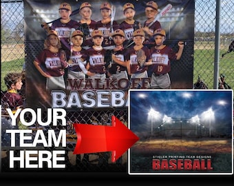 May include: A baseball team banner with a group of young boys in red and white uniforms. The banner has the text "Walkoff Baseball" in large letters. The banner is hanging on a chain link fence.