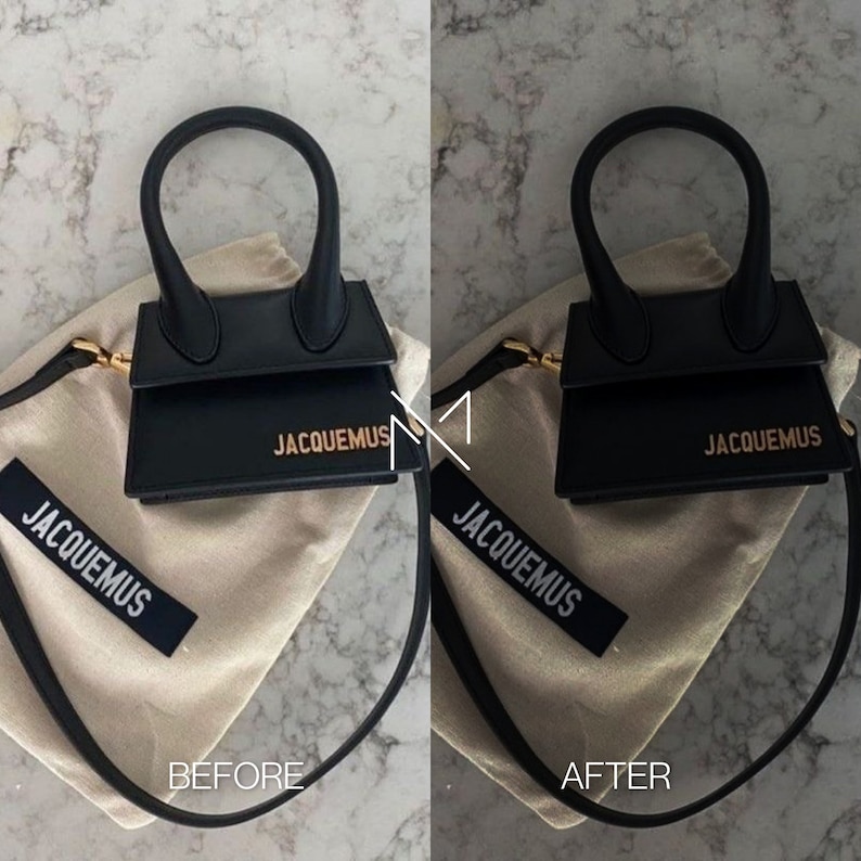May include: A black leather handbag with a gold JACQUEMUS logo. The bag is shown on a beige dust bag with a black JACQUEMUS label. The image shows the bag before and after being cleaned.