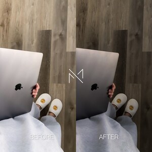 May include: A before and after image showing the difference in lighting and color correction. The image on the left is labeled "BEFORE" and the image on the right is labeled "AFTER". Both images show a person sitting on the floor with a laptop computer on their lap. The person is wearing grey sweatpants and white slippers with a yellow smiley face on them.