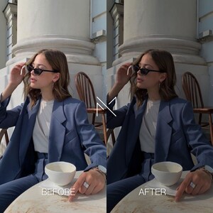 May include: A woman wearing a blue blazer, white shirt, and sunglasses sits at a table with a cup of coffee. The table is made of light-colored stone. The image is split into two sections, with the left side labeled "BEFORE" and the right side labeled "AFTER".