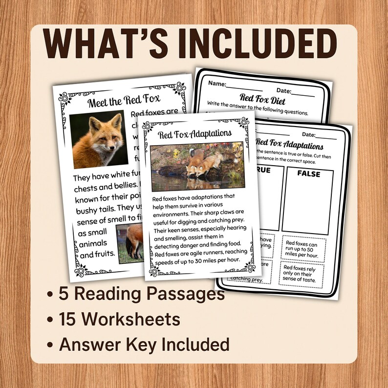 Red Fox Reading Comprehension Worksheets | Nonfiction Animal Passages ...